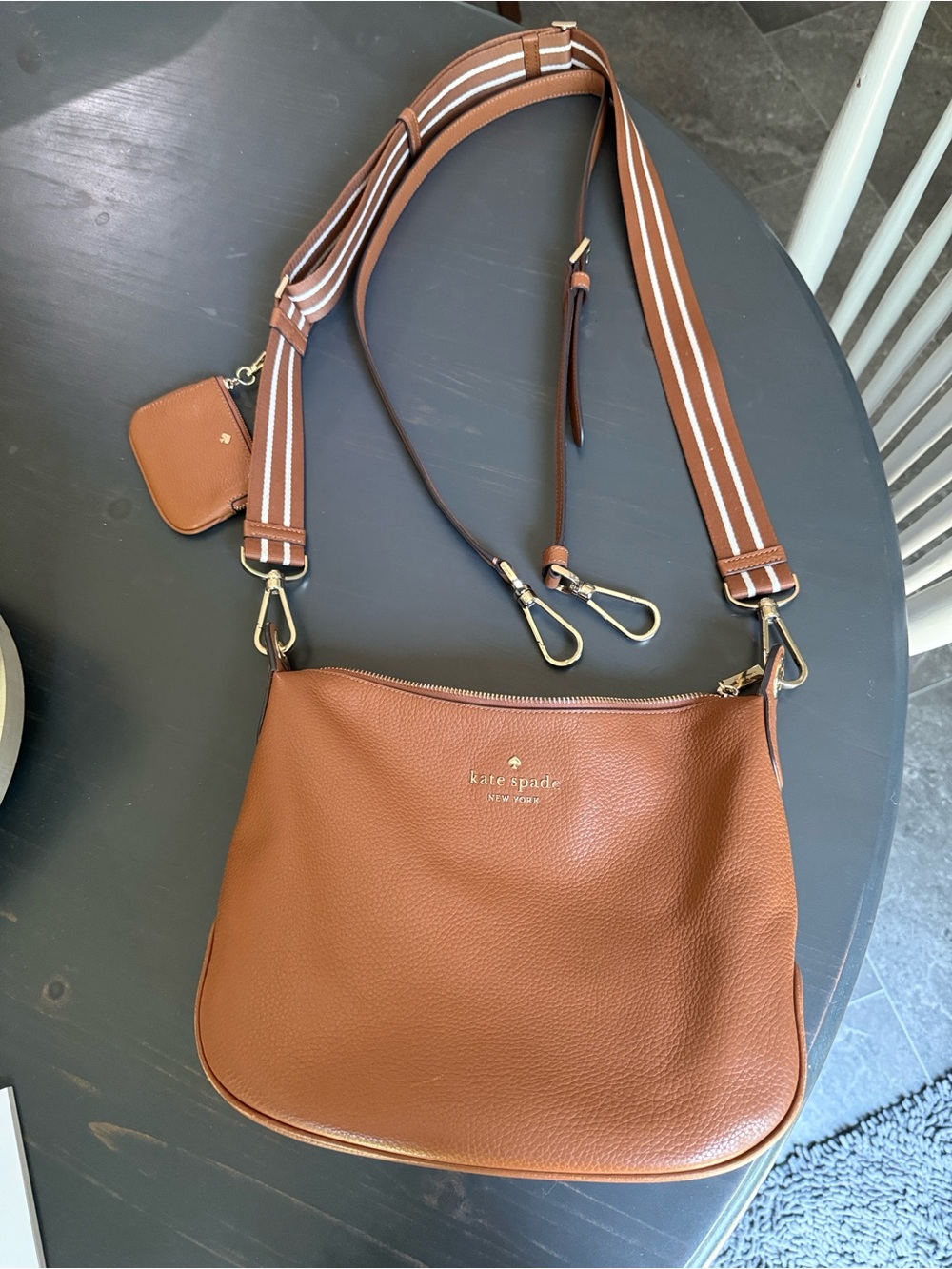 kate spade Brown Pebbled Leather Shoulder Bag with Striped Strap